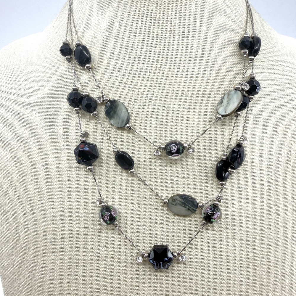 Elegant Multi-Strand Black Bead Statement Necklace Silver-Tone Layered Accessory